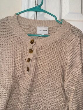 Pink Rose Beige/Cream Waffle-Knit Henley Sweater